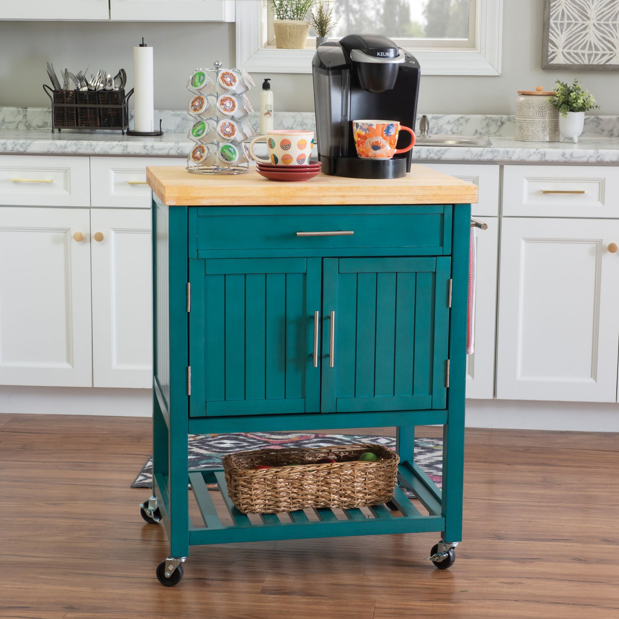 Reclaimed Rolling Butcher Block Kitchen Island with Storage