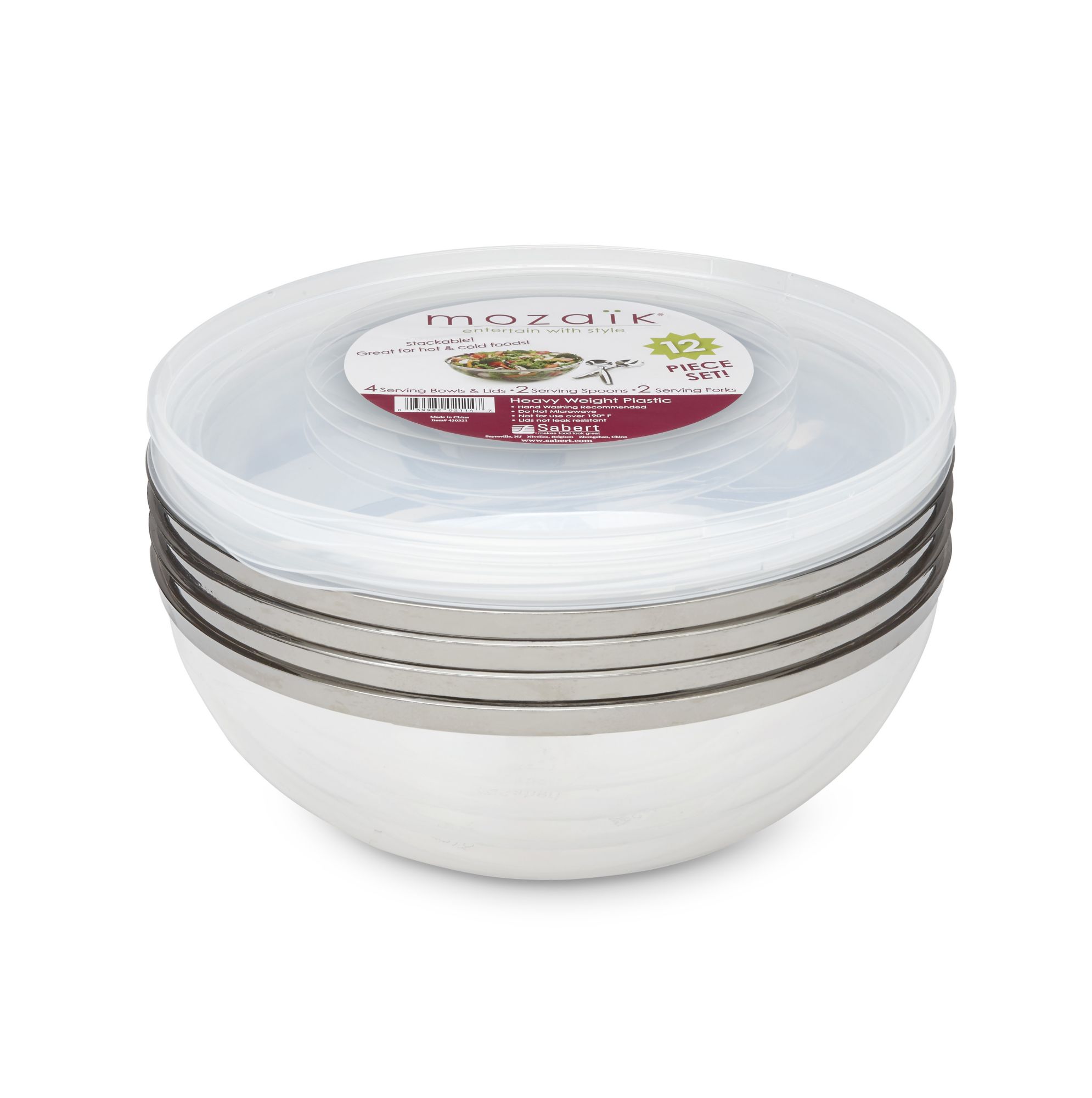 Plastic Bowls with Lids and Serving Spoons & Forks Mozaik 12 Piece Set