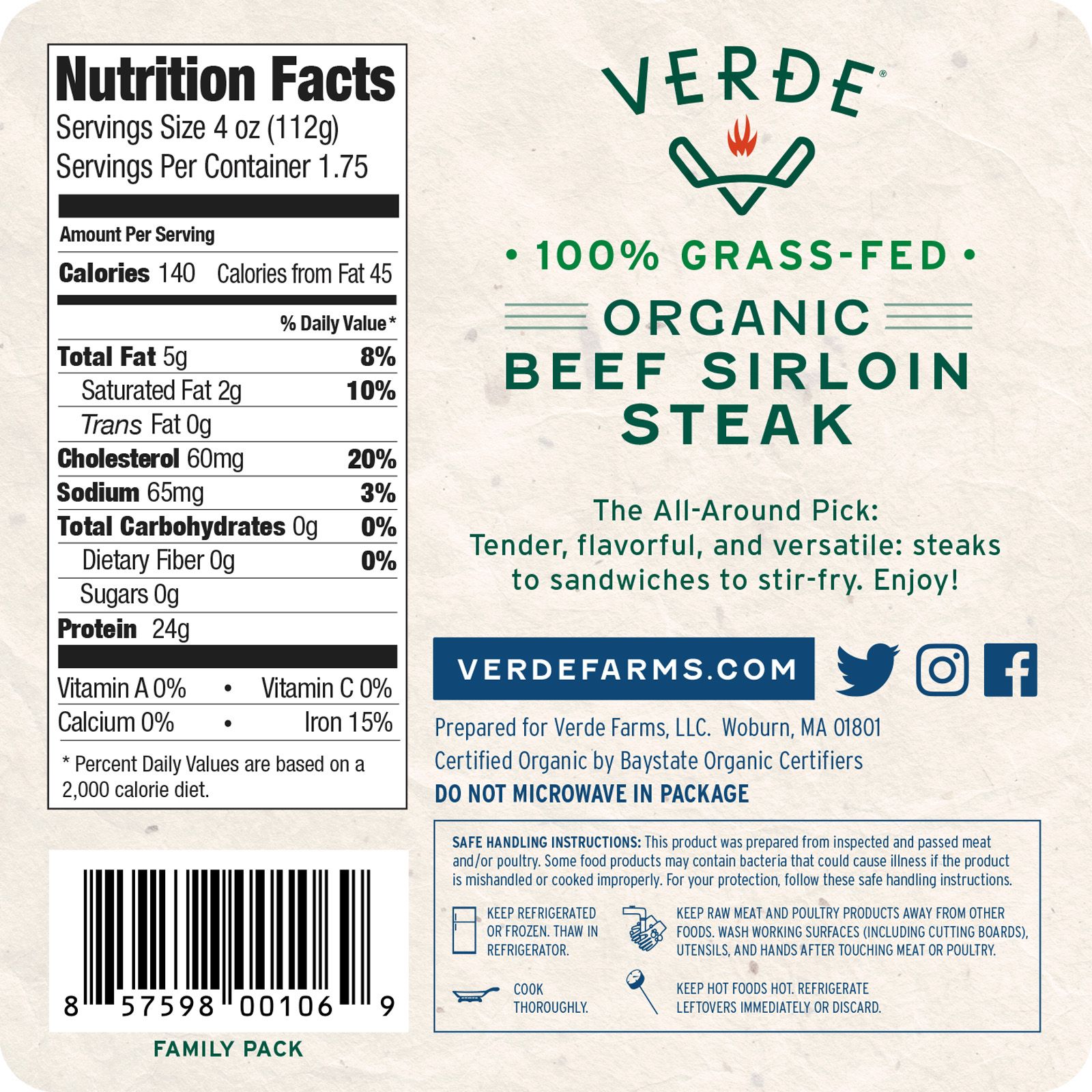 Verde Farms Organic Grass-Fed Beef Sirloin Steak