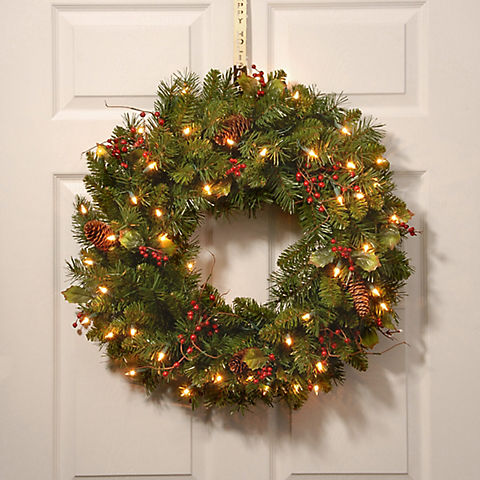 National Tree 24" Pre-Lit Classical Collection Wreath with Red Berries, Cones and Holly Leaves - Clear