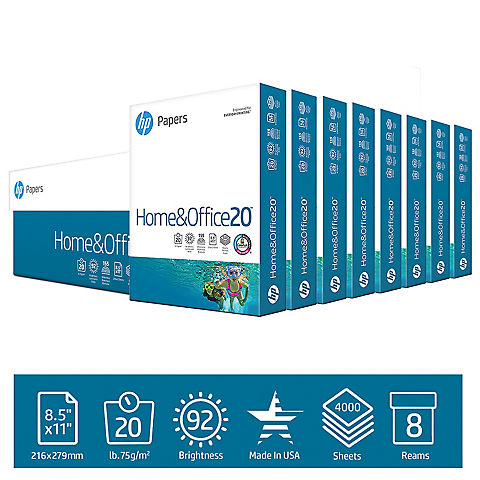 HP Home & Office Copy Paper, 92 Brightness, 20 lb., 8 1/2" x 11", 8 Reams, 4,000 Sheets/Carton