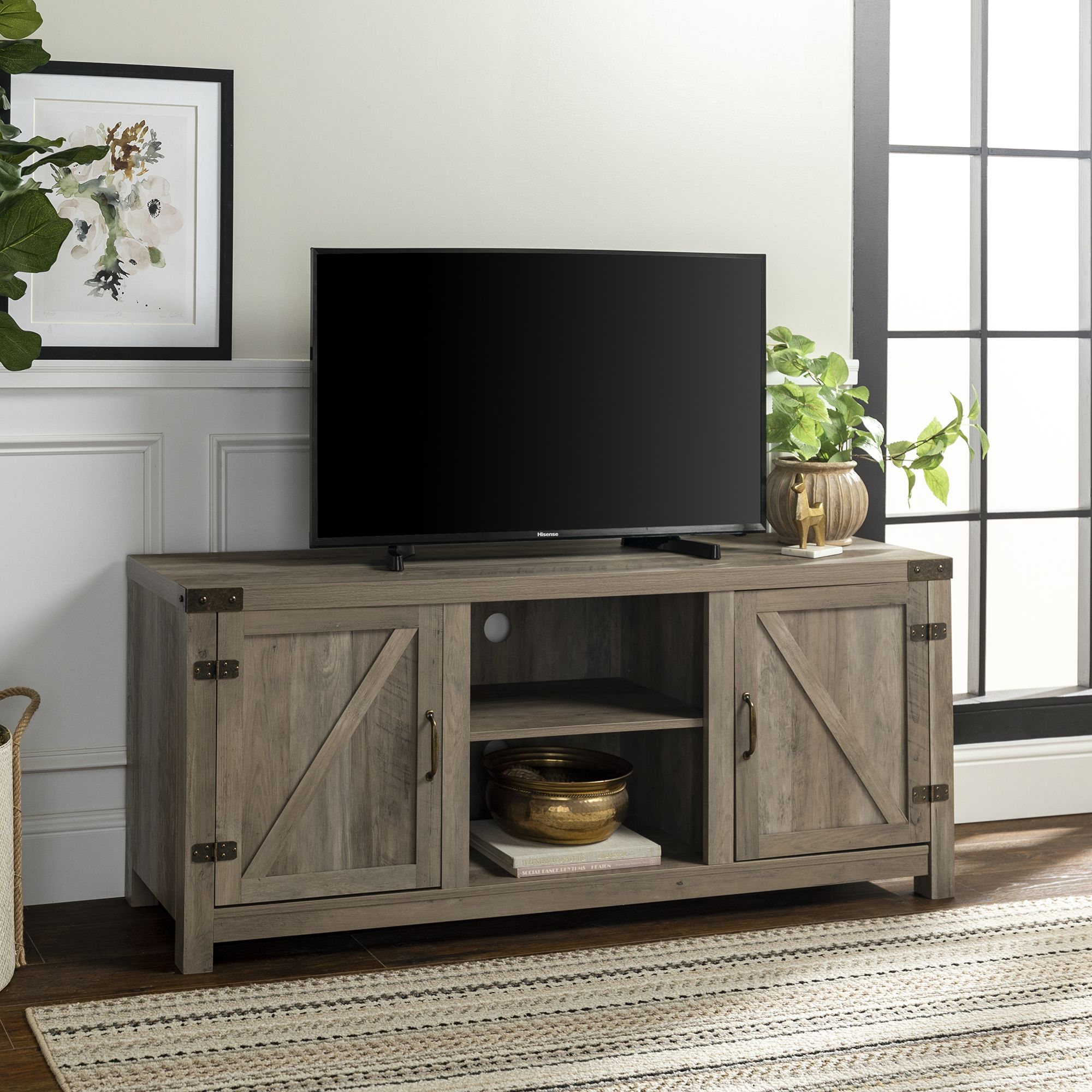 W Trends 58 Farmhouse 2 Barn Door Tv Stand For Most Tv S Up To 65 Grey Wash Bjs Wholesale Club