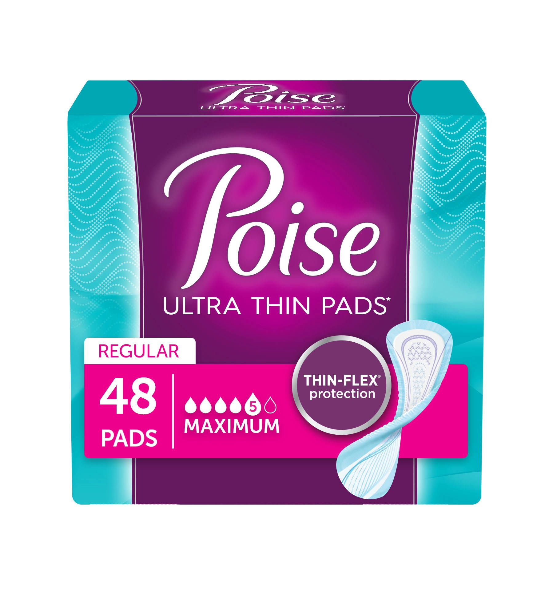 Poise Incontinence Pads with Maximum Absorbency, Regular, 48 ct.