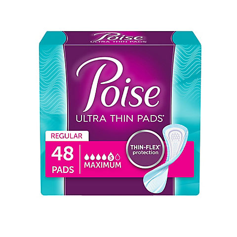 Poise Incontinence Pads with Maximum Absorbency, Regular, 48 ct.