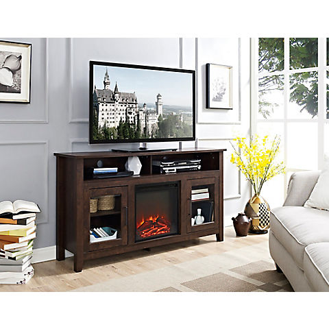 W. Trends 58" Transitional Glass Door Fireplace Tall TV Stand for Most TV's up to 65" - Brown