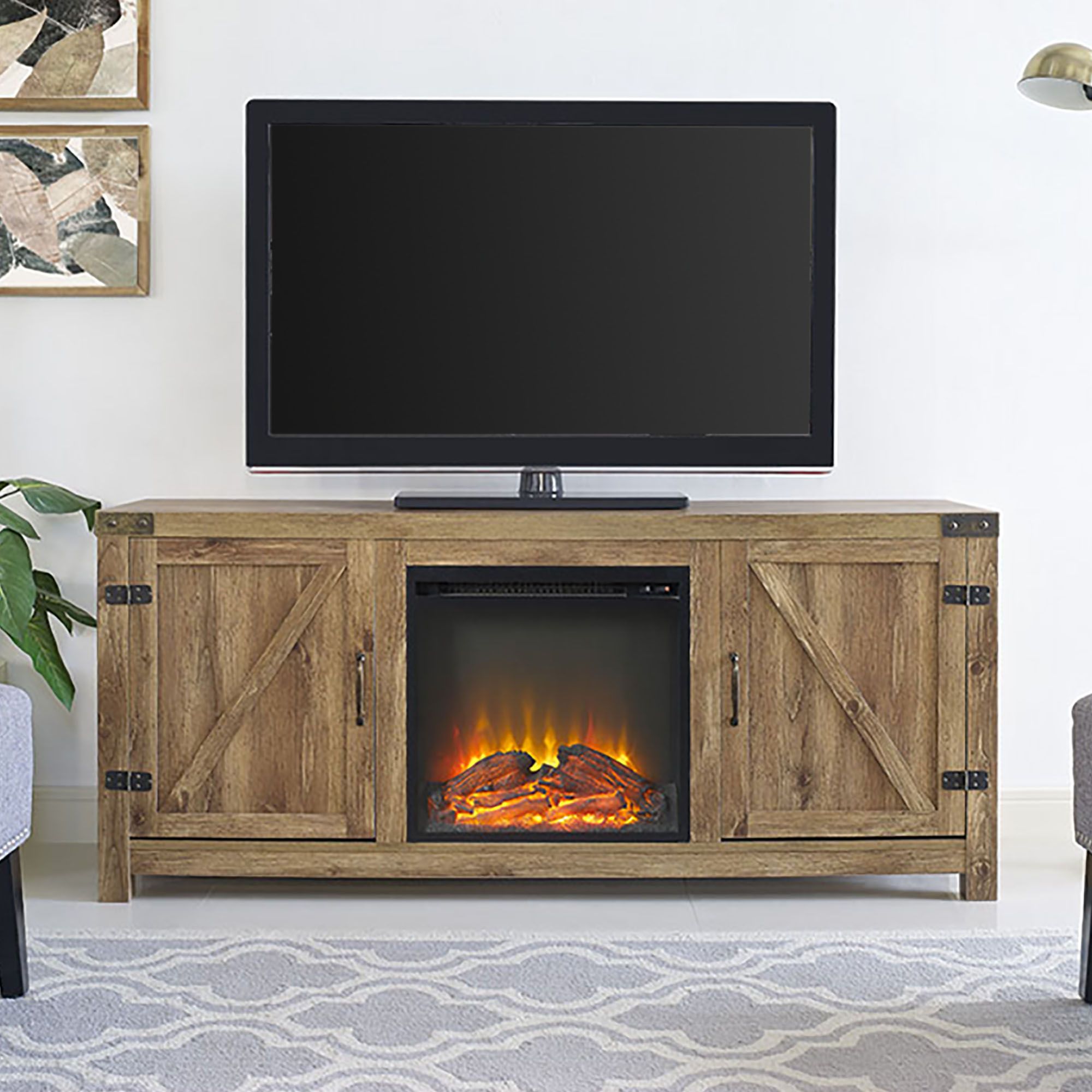 Barn style tv stand deals with fireplace