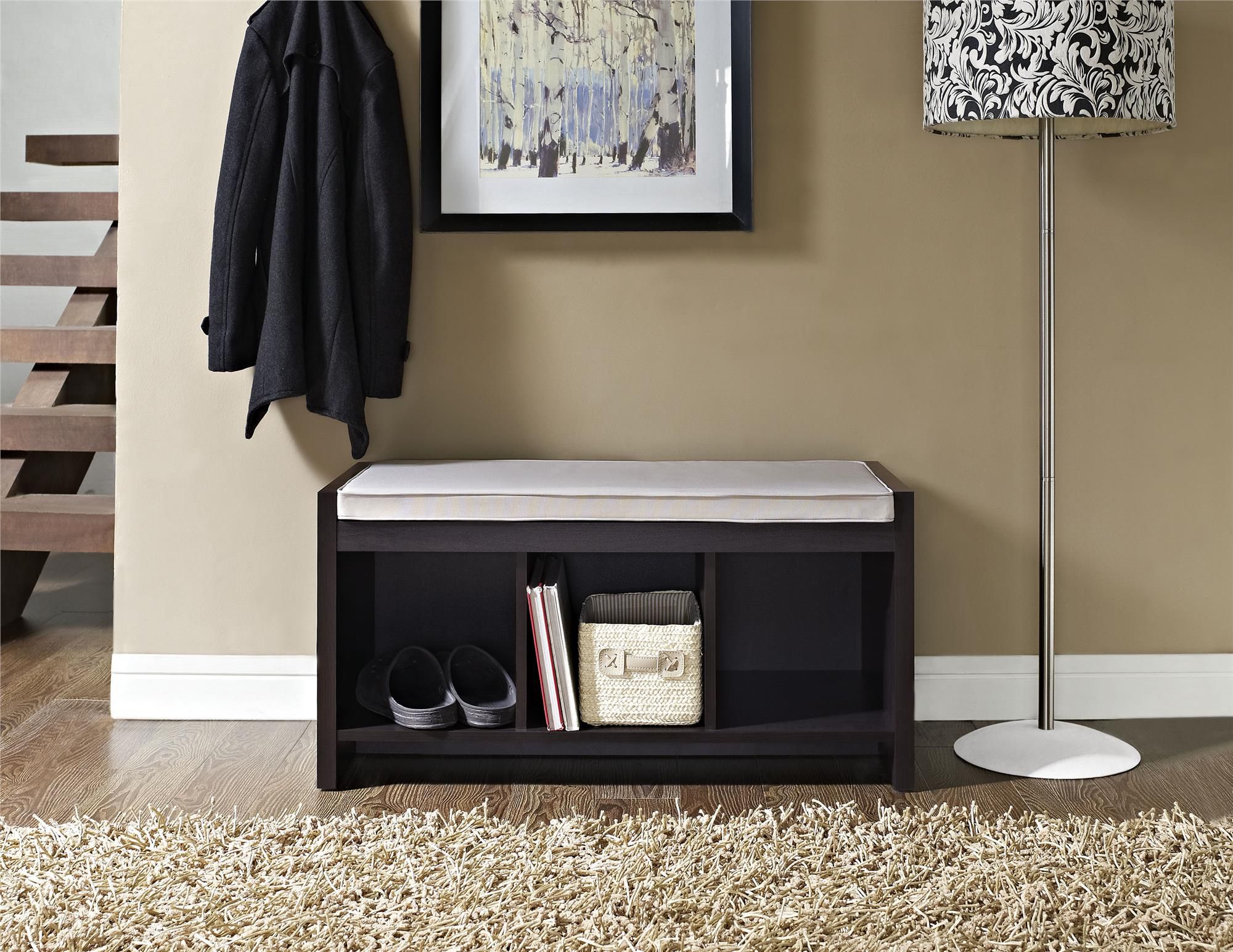 Harper & Bright Designs Espresso Entryway Storage Bench with Removable Cushion and 3-Removable Classic Fabric Basket, Espressp