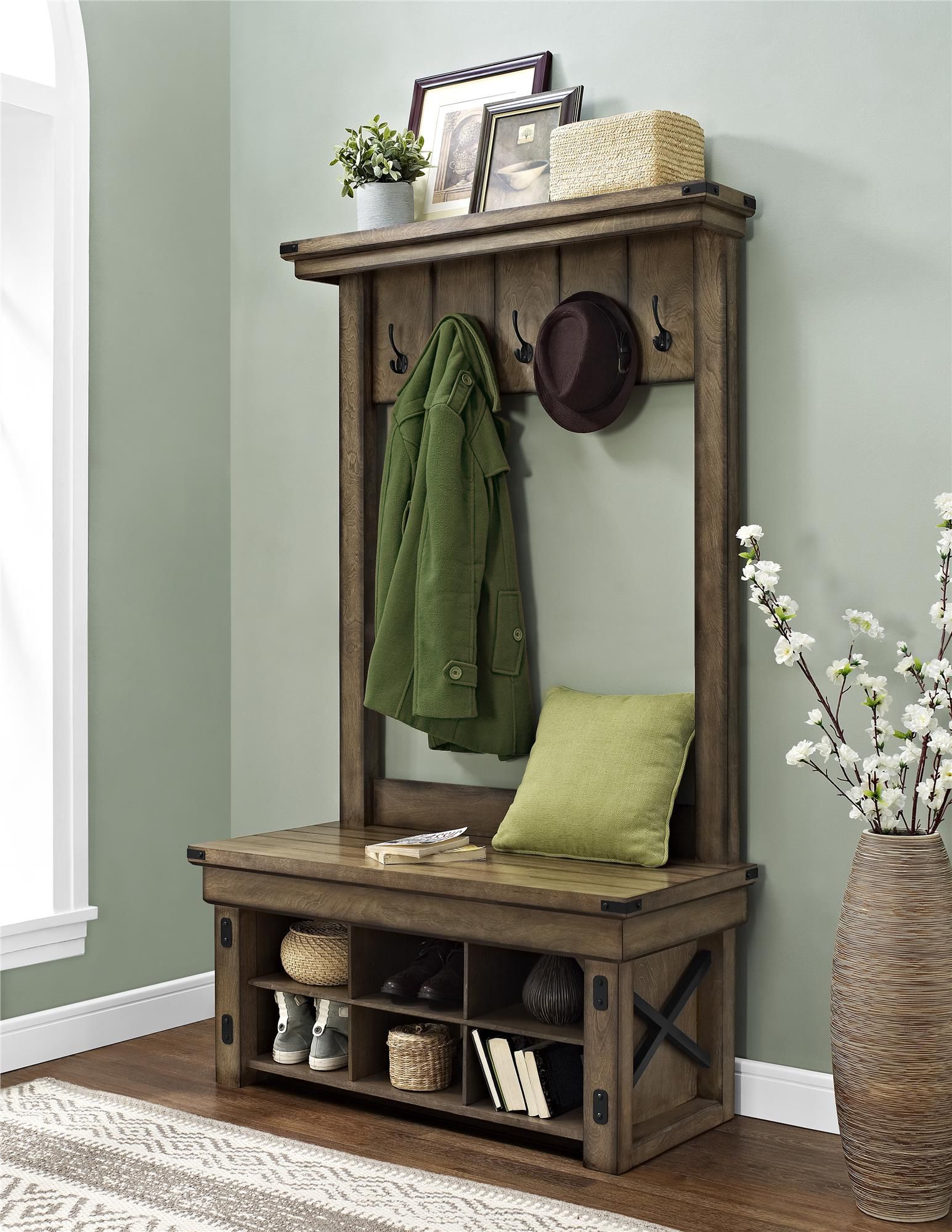 Black/Natural Entryway Hall Tree and Shoe Storage Bench