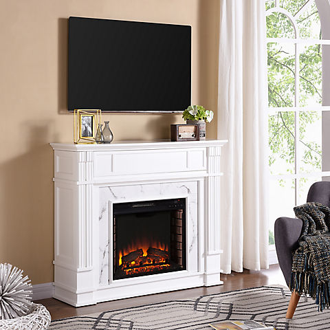 SEI Brecken Faux Cararra Marble Electric Media Fireplace - White