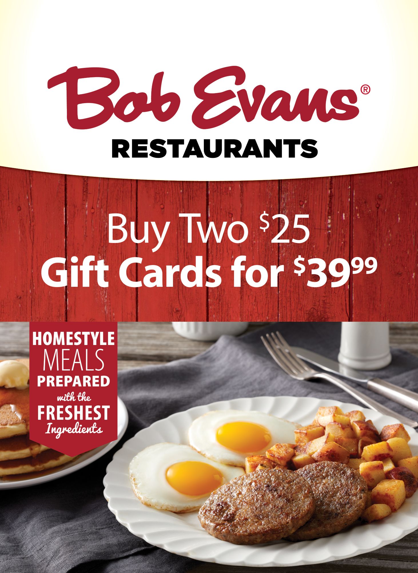 25 Bob Evans Restaurants Gift Card 2 Pk Bjs Wholesale Club