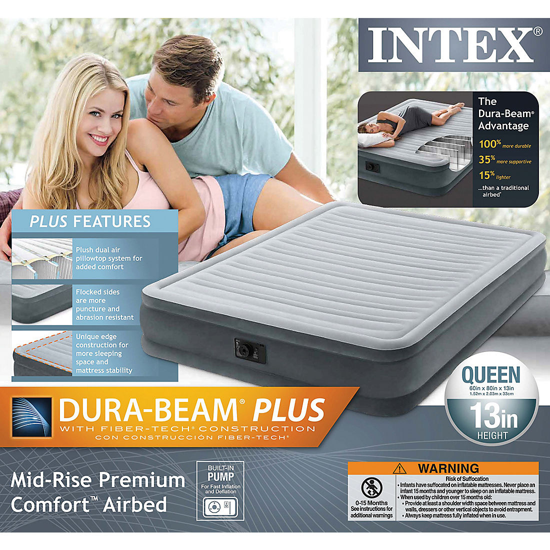 Details about   Intex Queen Dura Beam Plush air mattress 18 inch height 