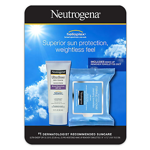 Neutrogena Ultra Sheer Dry-Touch Sunscreen SPF 55, 3 fl. oz. with Makeup Remover Cleansing Towelettes, 25 ct.