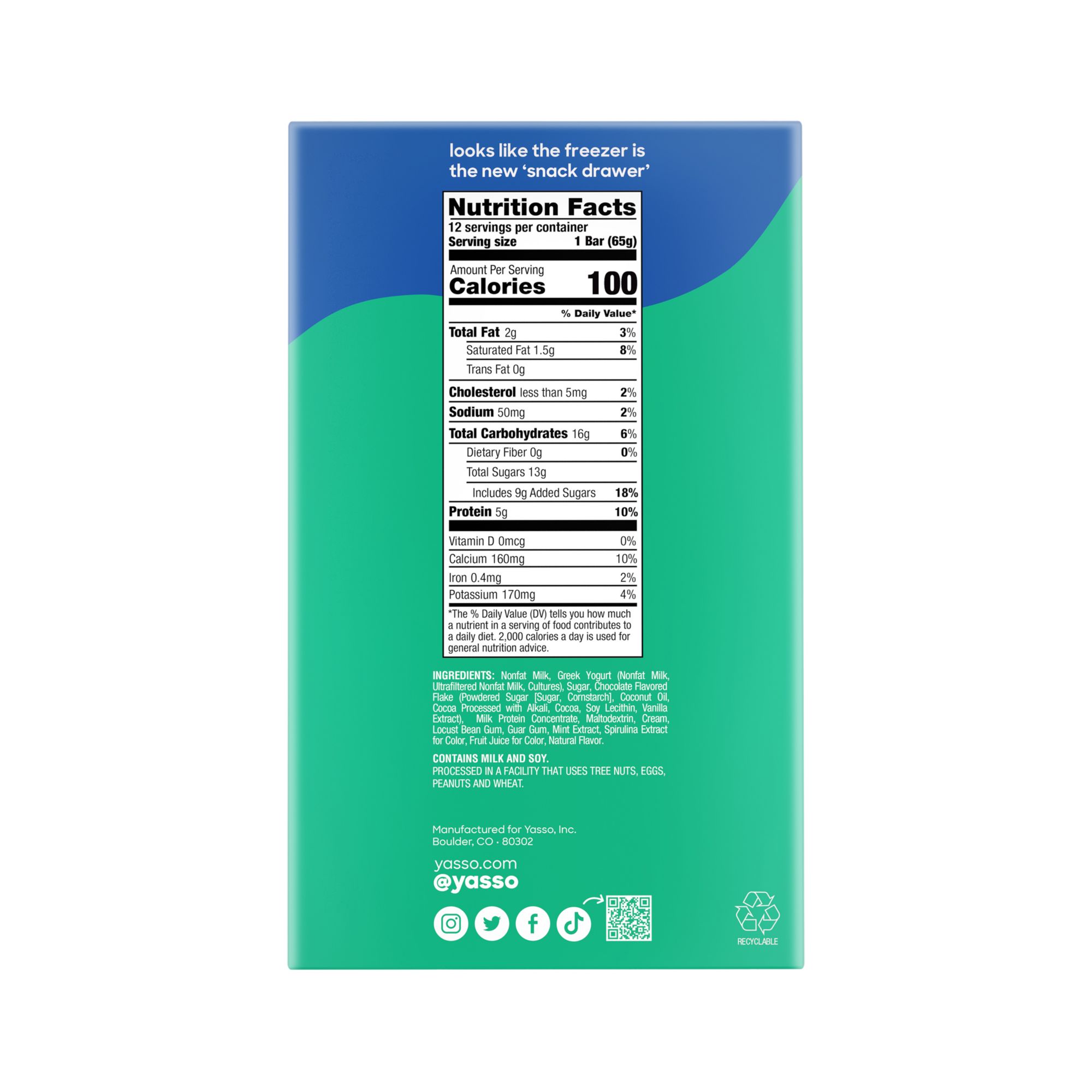 Yasso Mint Chocolate Chip Frozen Greek Yogurt Bars, 12 ct./3.5 oz.