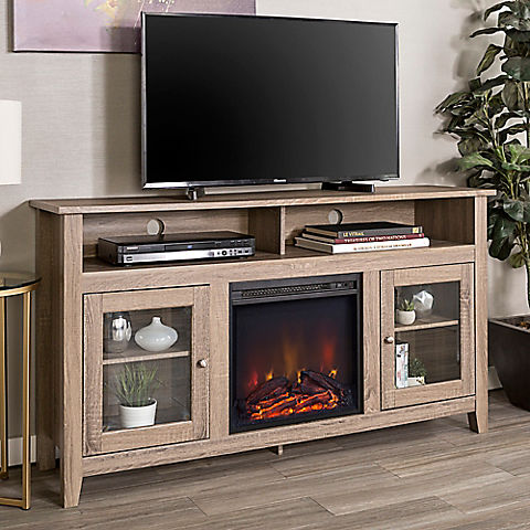 W. Trends 58" Transitional Glass Door Fireplace Tall TV Stand for Most TV's up to 65" - Driftwood