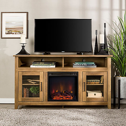 W. Trends 58" Wood Highboy Fireplace Media TV Stand Console - Rustic Oak