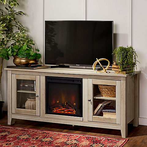 W. Trends 58" Traditional Glass Door Fireplace TV Stand for Most TV's up to 65" - White Oak