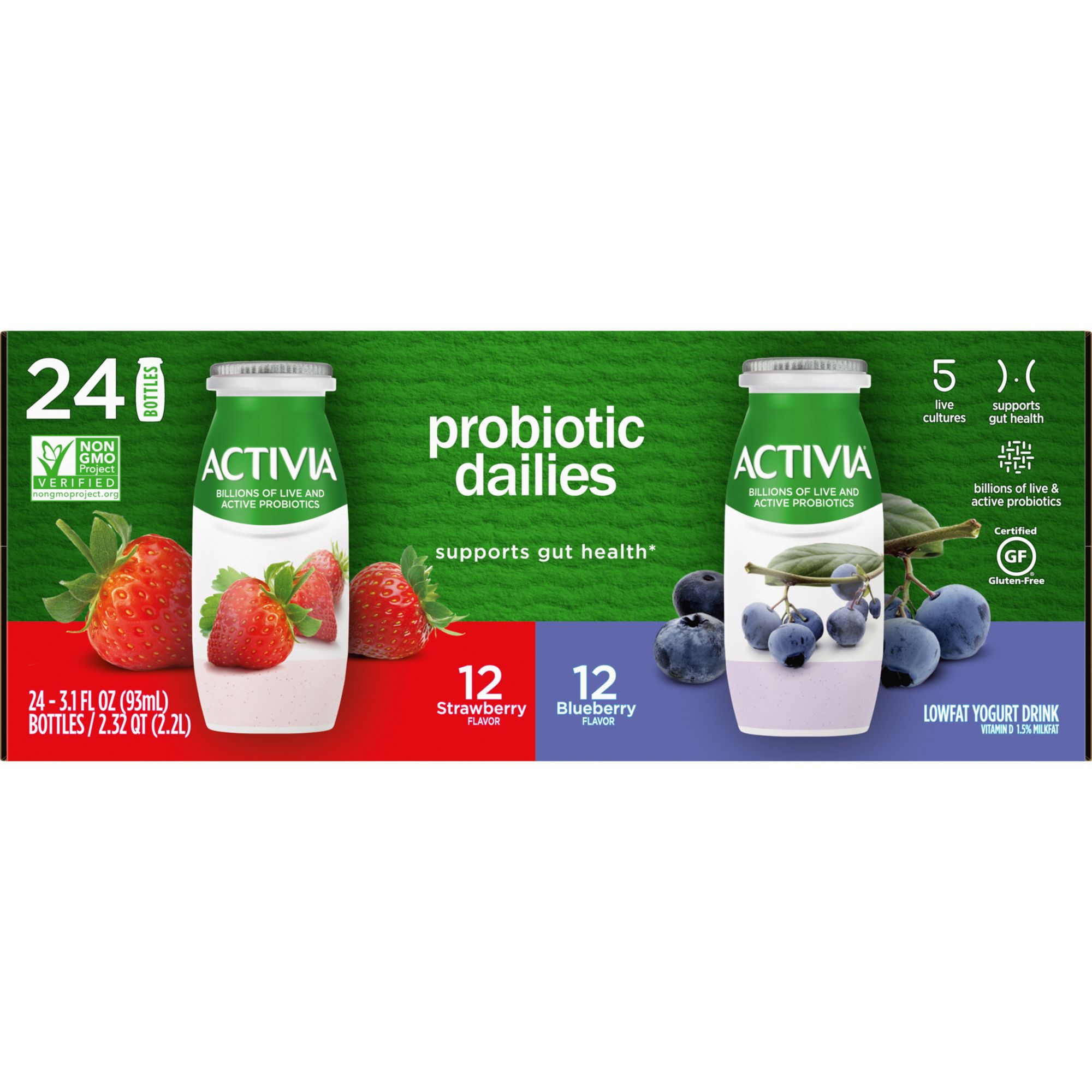 Activia Yogurt Drink, Lowfat, Cherry & Blueberry, Probiotic Dailies, 8 Pack