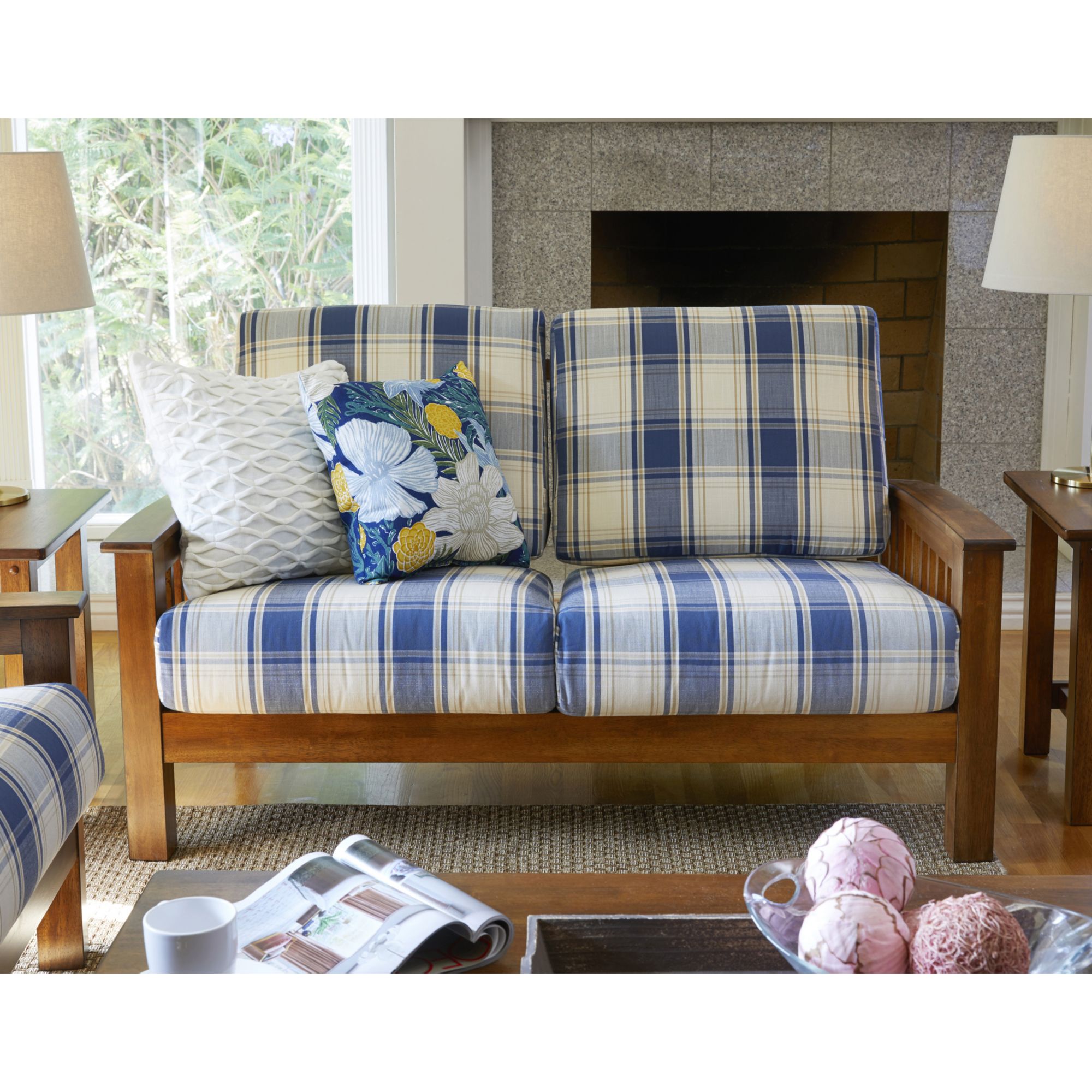 Brown, Yellow and White Plaid Loveseat Sofa