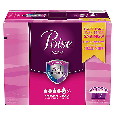 Poise Maximum Absorbency Long Incontinence Pads, 117 ct.