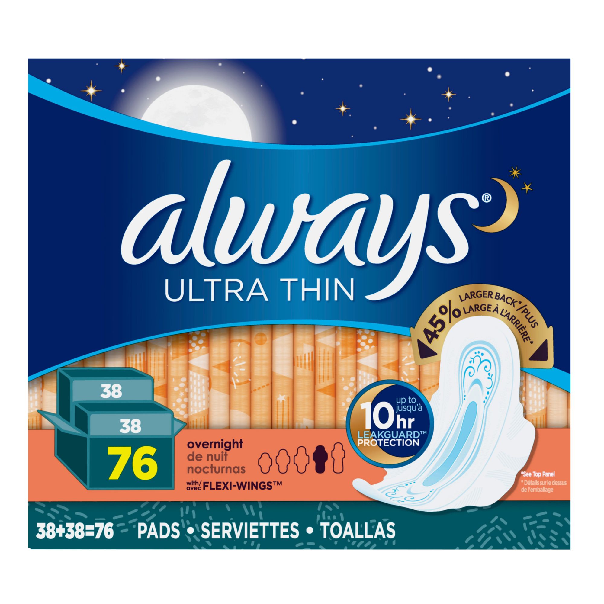 Always Ultra Thin Overnight Pads with Wings, Unscented, Size 4, 38 Ct