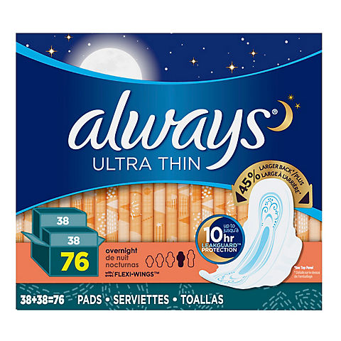 Always Ultra Thin Overnight Pads with Flexi-Wings, 76 ct.