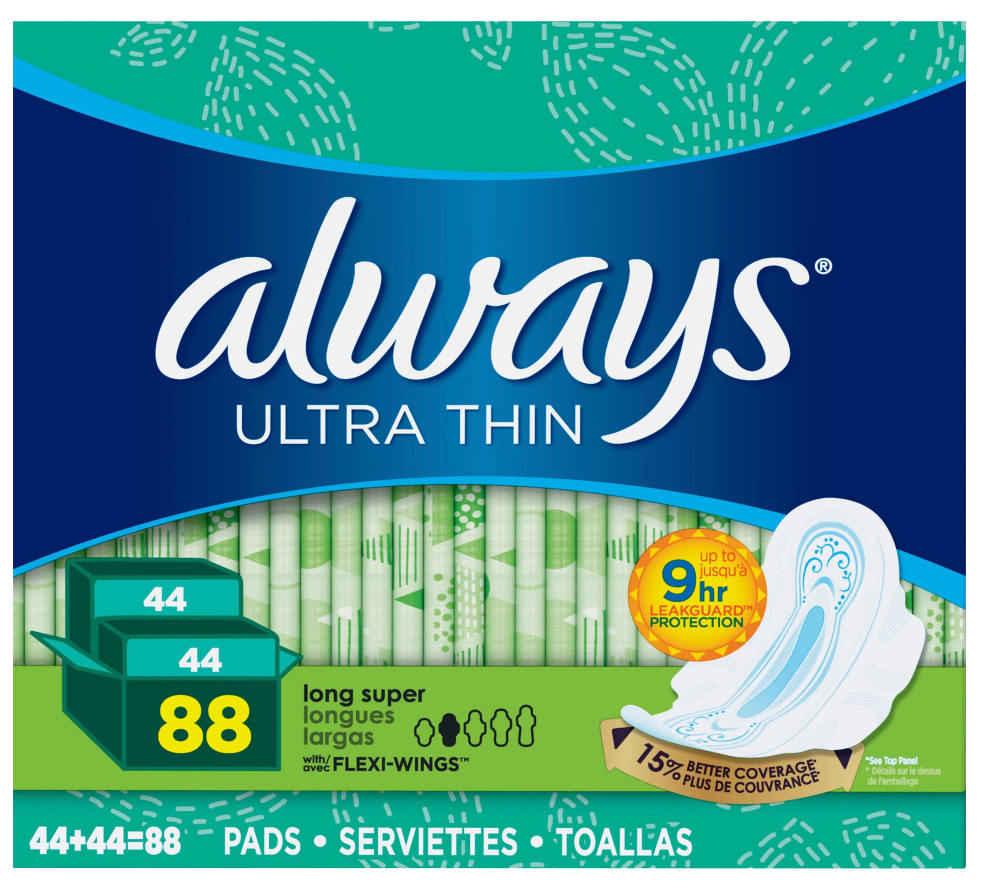 Always, Maxi Pads For Women, Size 2, Long Super Absorbency With Wings, 60  Count