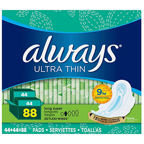 Always Ultra Thin Long and Super Pads with Flexi-Wings Multipack, 88 ct.