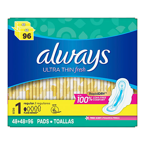 Always Fresh Clean Scent Ultra Thin Regular Pads with Flexi-Wings, 96 ct.