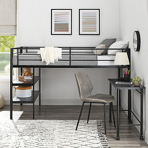 W. Trends Twin-Size Loft Bed with Desk and Shelves - Black