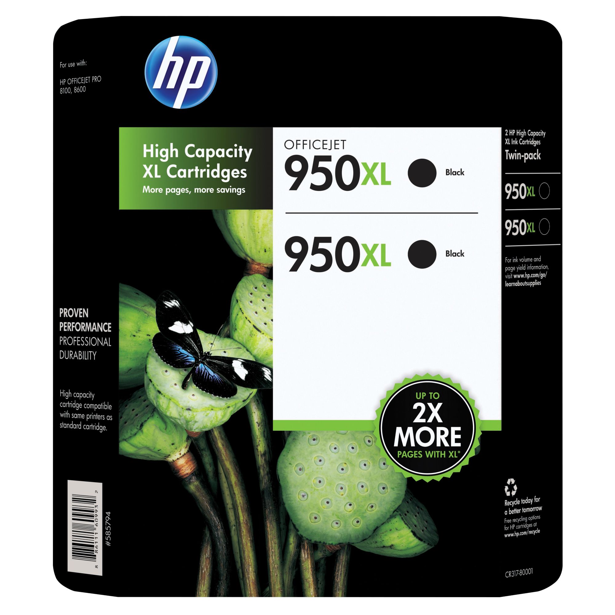 HP 950XL Black Ink Cartridges, 2 pk.