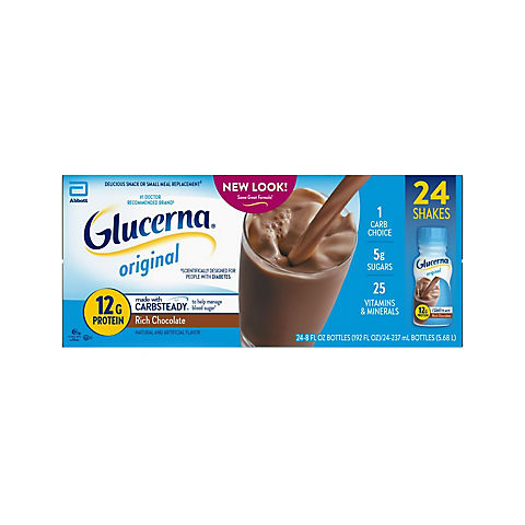 Glucerna Nutritional Shake, Diabetic Drink to Support Blood Sugar Management, Rich Chocolate, 8-fl-oz Bottle, 24 Count