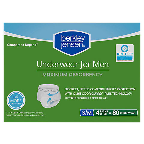Berkley Jensen Incontinence Underwear for Men with Maximum Absorbency, Size S/M, 80 ct.
