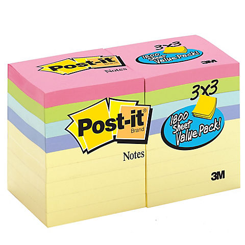Post-it Notes, 3" x 3", 100 Sheets per Pad, 18 pk. - Pastel