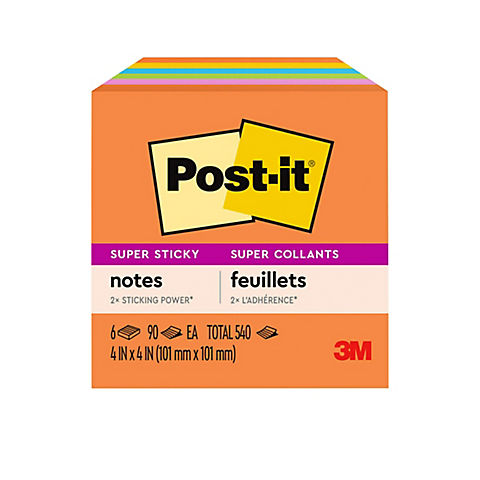 Post-it 4" x 4" Ruled Super Sticky Notes, 6 pk./90 ct. - Jewel Pop