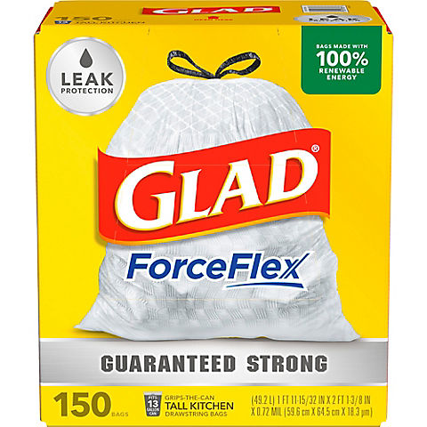 Glad 13-Gal. Tall Kitchen Drawstring Plastic Trash Bags, 150 ct. - White