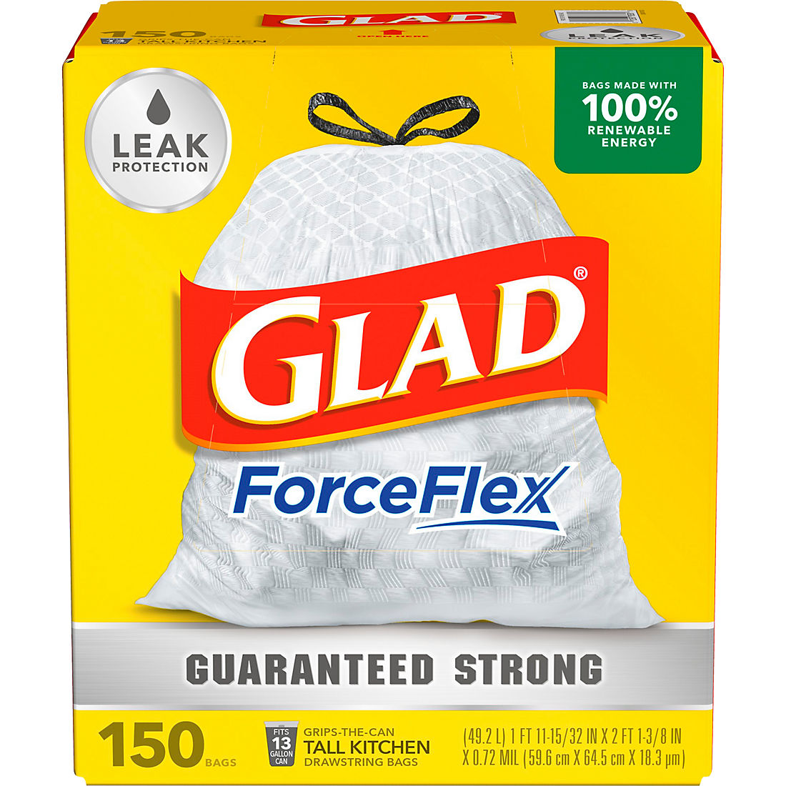 Glad ForceFlex 13 Gal. Tall Kitchen Trash Bags, 150 ct. - White
