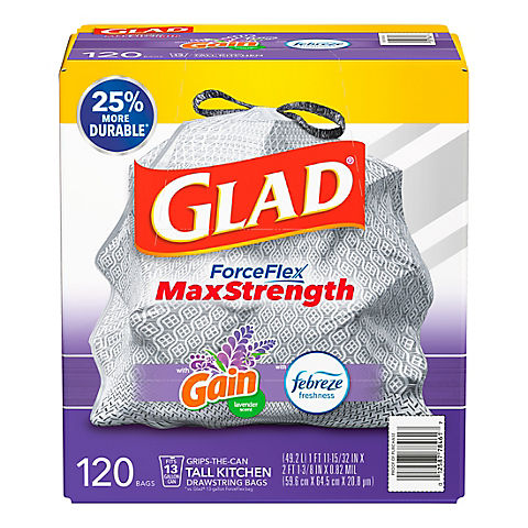 Glad 13-Gal. ForceFlex OdorShield Lavender Drawstring Plastic Trash Bags, 120 ct. - White