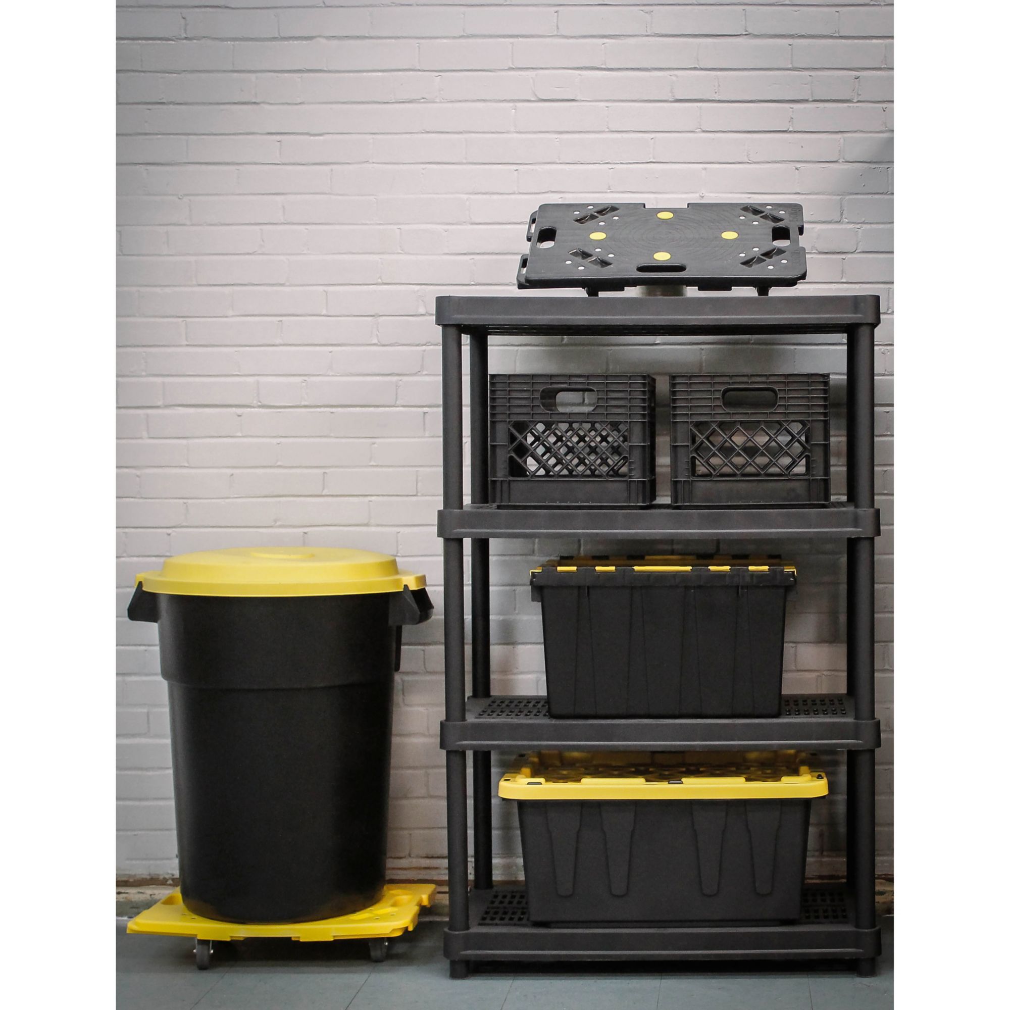 Basement storage shelves designed to perfectly fit 18-gallon bins