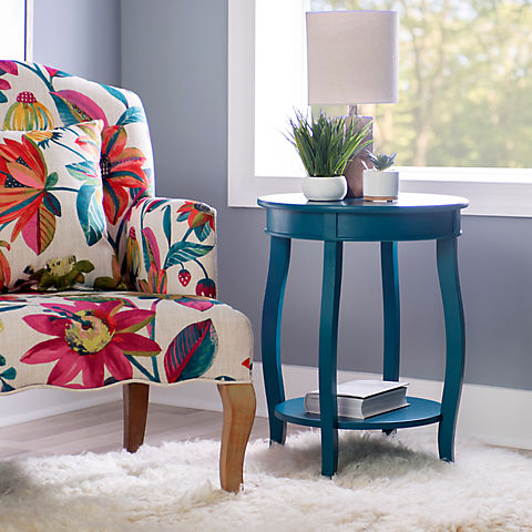 Powell Round Side Table with Shelf - Teal