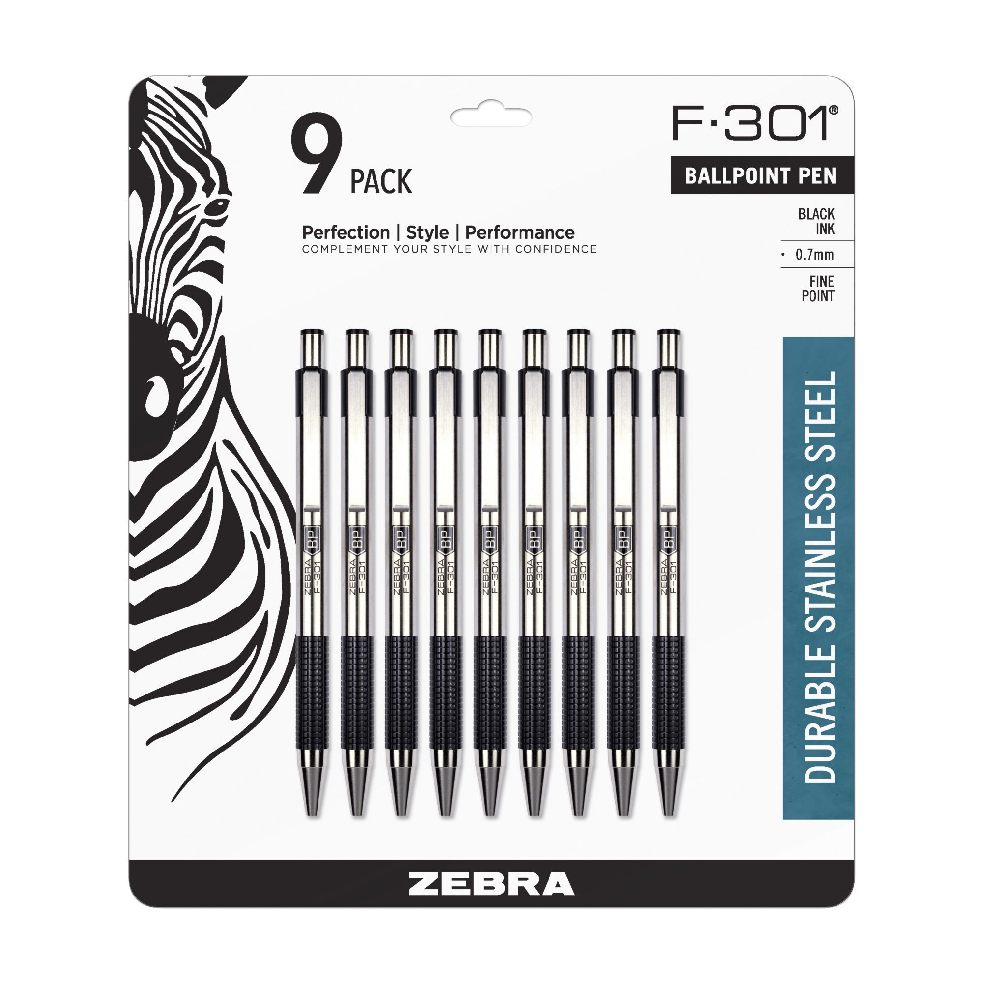 Zebra Pen G-301 Stainless Steel Retractable Gel Pen, 0.7mm, Black Ink, 4-Pack