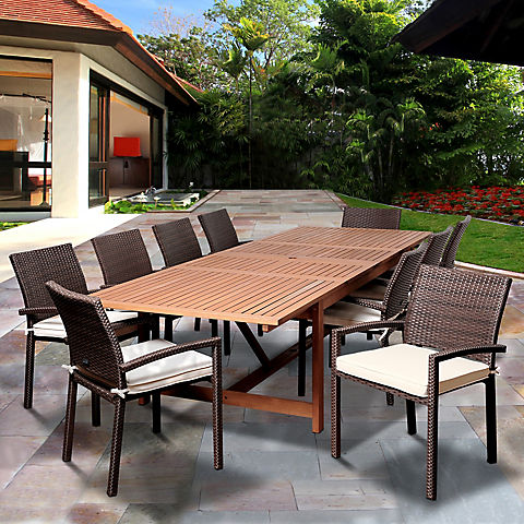 Amazonia Aletta 11-Pc. Eucalyptus and Synthetic Wicker Extendable Patio Dining Set - Natural/Off-White
