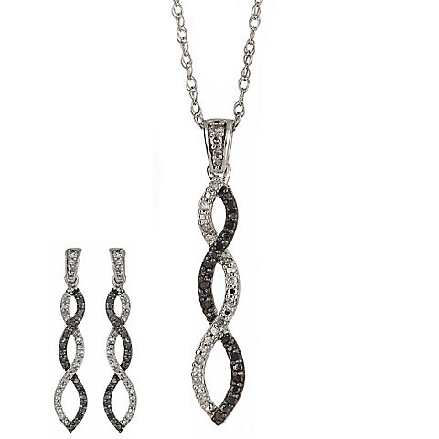 .33 ct. t.w. Round Black and White Diamond Twist Earrings Pendant/Necklace Set in Sterling Silver