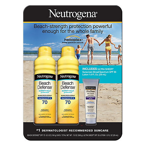 Neutrogena Beach Defense Sunscreen SPF 70 Spray, 2 pk./6.5 oz., with Ultra Sheer SPF 55 Lotion, 1 oz.
