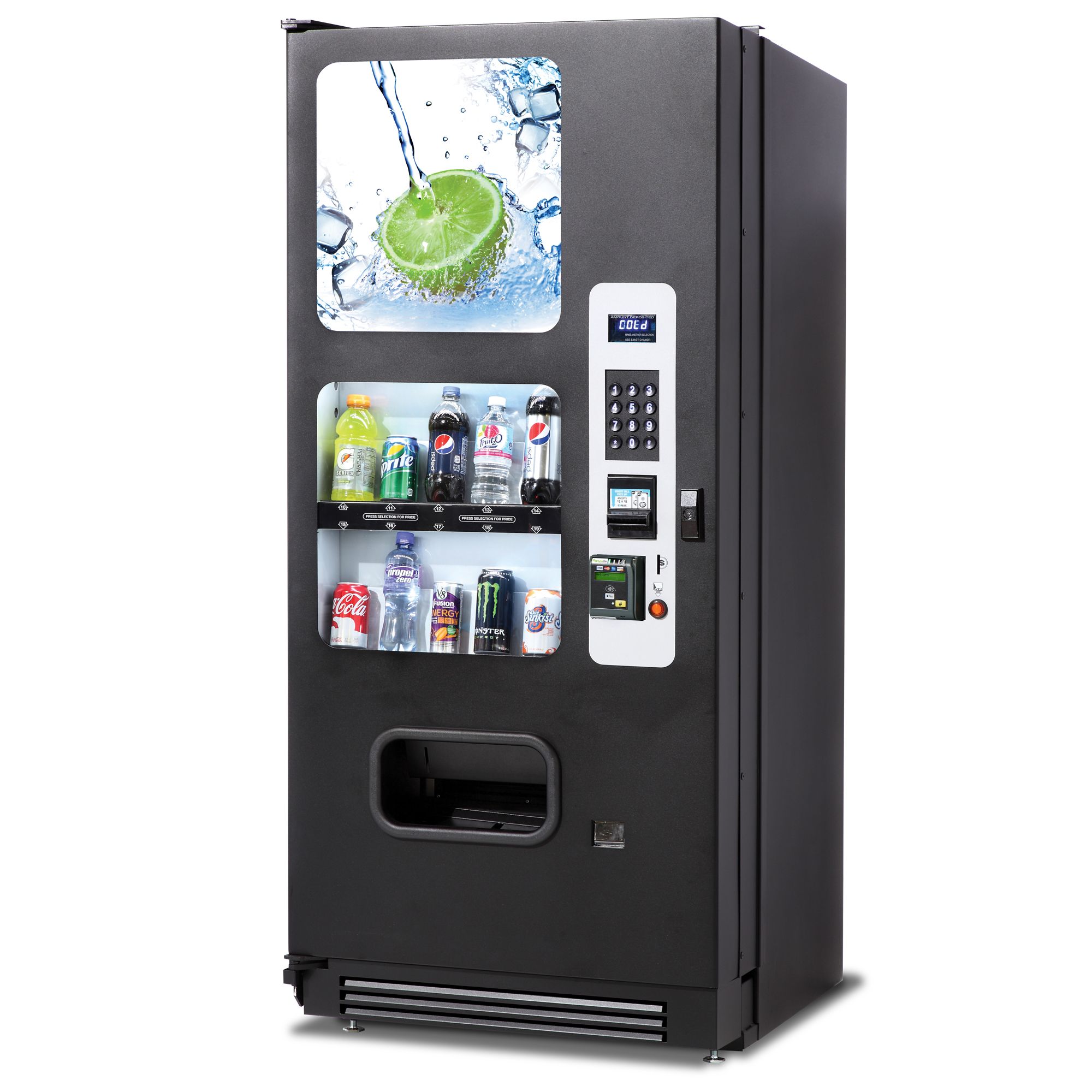 Soft drinks vending machine. A cold beverages vending machine in