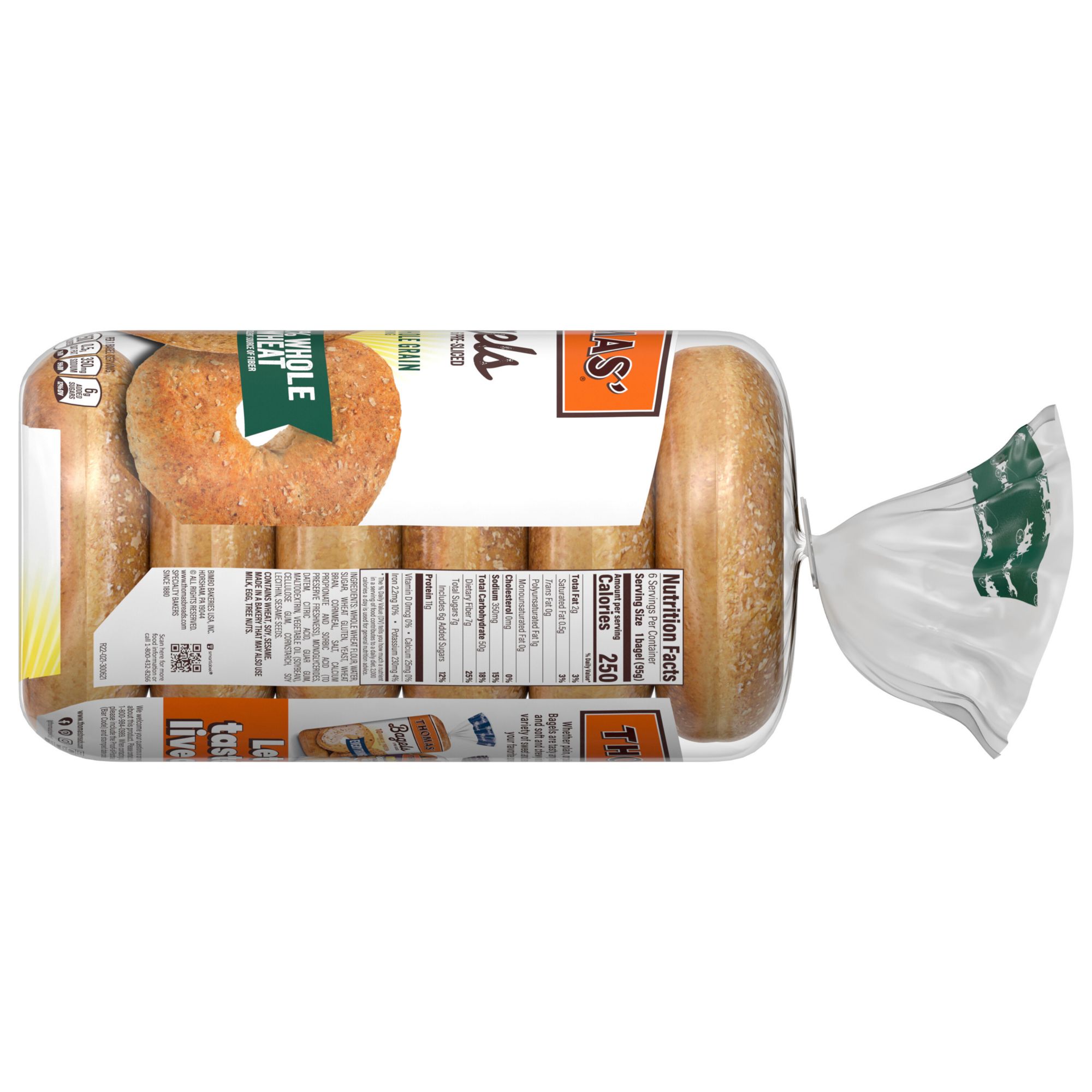 Thomas' 100% Whole Wheat Bagels, 55g Whole Grains, Kosher Bagels, 6 ct.