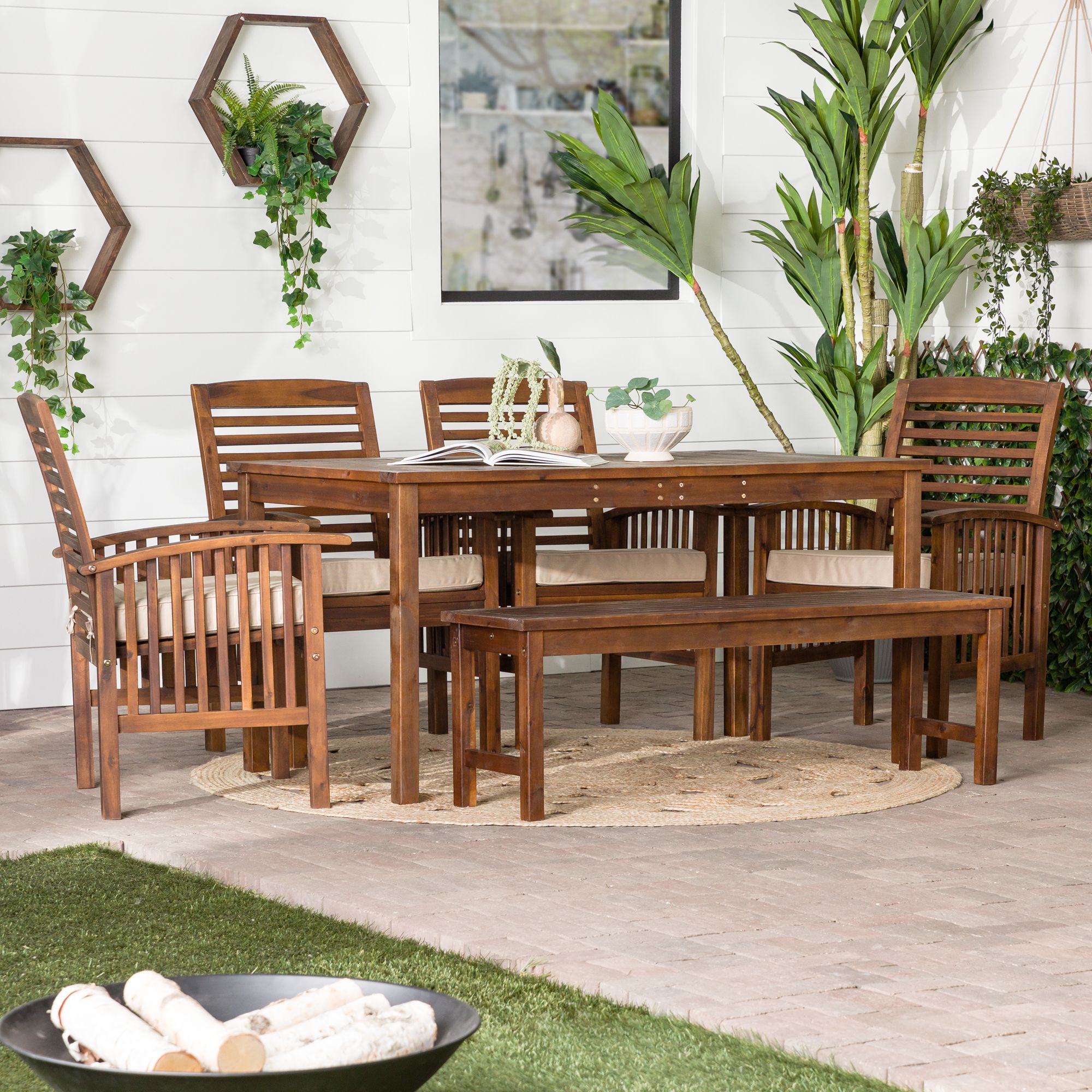 W. Trends 6 pc Outdoor Cliff Acacia Wood Dining Set Dark Brown