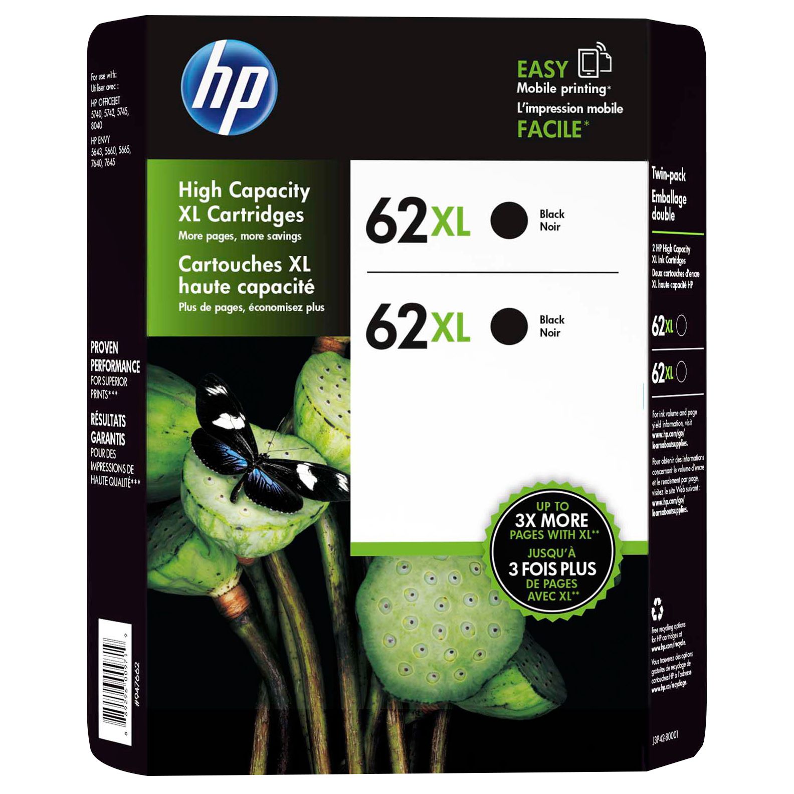 Original HP 62XL Black Original Ink Cartridges, Twin Saving Bundle Pack ( 2  Inks/Pack), HP J3P42BN