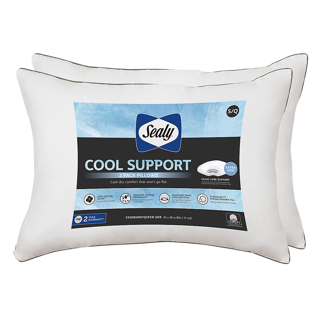 Sealy Cool Support Standard/Queen Extra Firm Pillow, 2 pk.