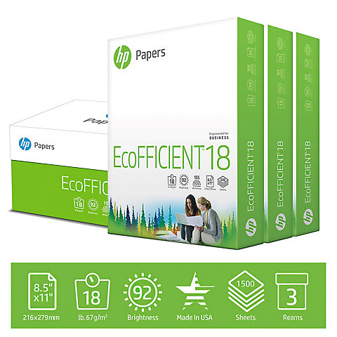 HP EcoFFICIENT18 Copy Paper, 93 Brightness, Letter, 3 Reams, 1,500 Sheets/Carton