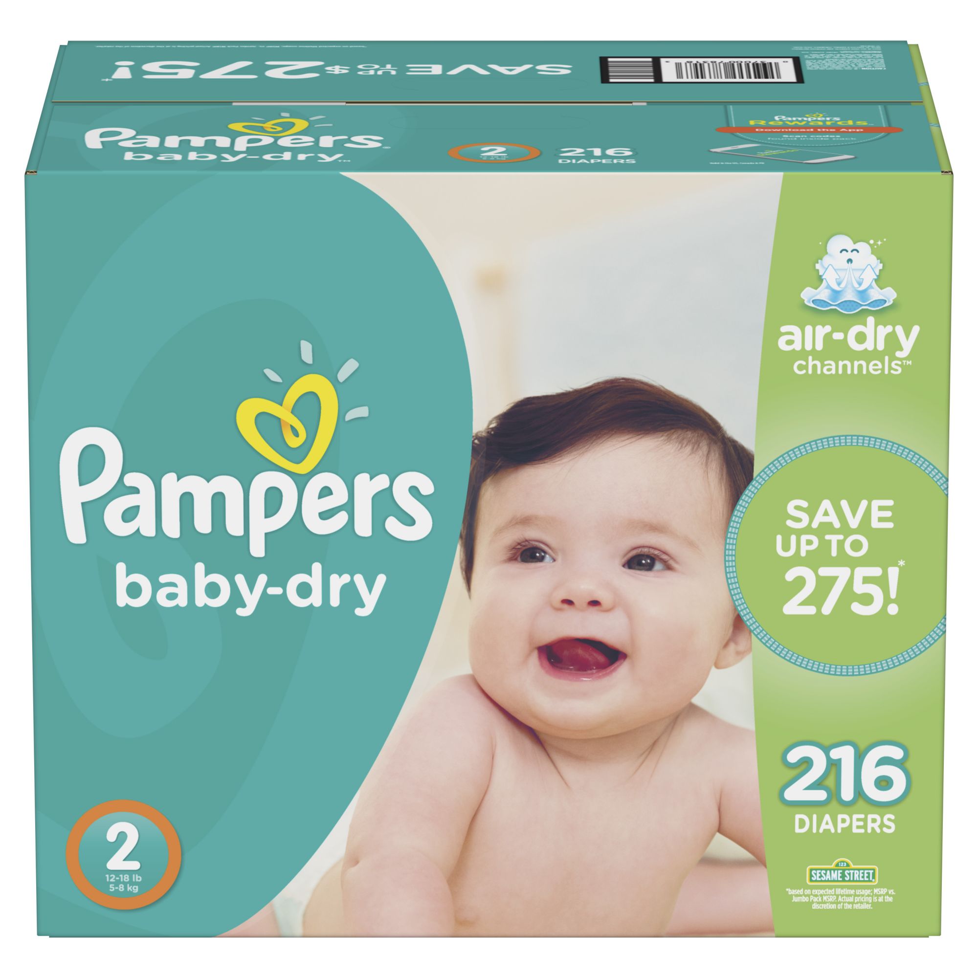 Pampers Baby Dry Diapers, Size 2, 216 